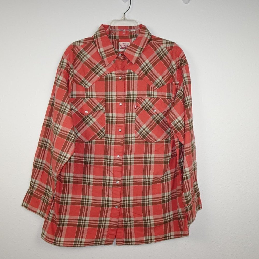 Levi's Flannel Shirt Women's Plus Size 1X Pink Long Sleeve Western Plaid